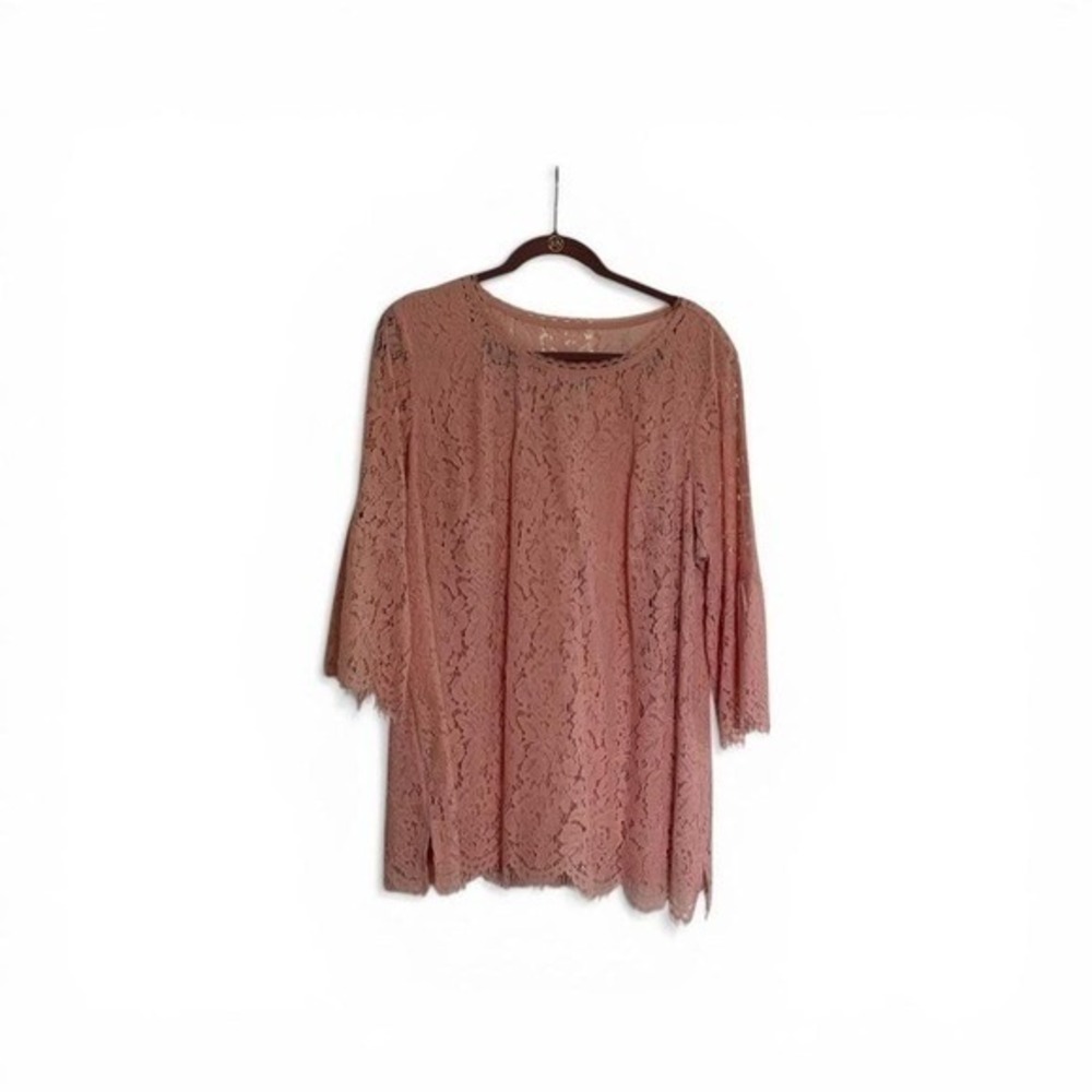 Isaac Mizrahi Live Pink Lace Tunic Top 1X Plus Scalloped Hem Eyelash Lace 3/4.